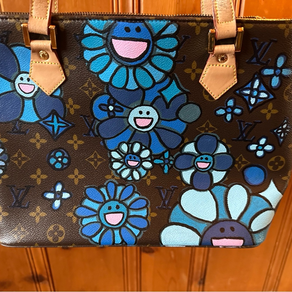Louis Vuitton Blue Floral Tote Bag  Upcycled and Hand Painted - Picture 13 of 16